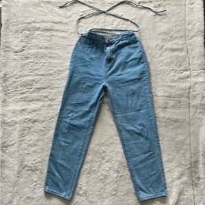 Denim Blv blue jeans that tie in the back, zig zag, criss cross, adjustable jean